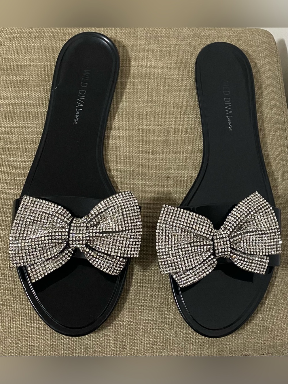 Wild Diva Black Slide Sandals with Crystal Bow Accent